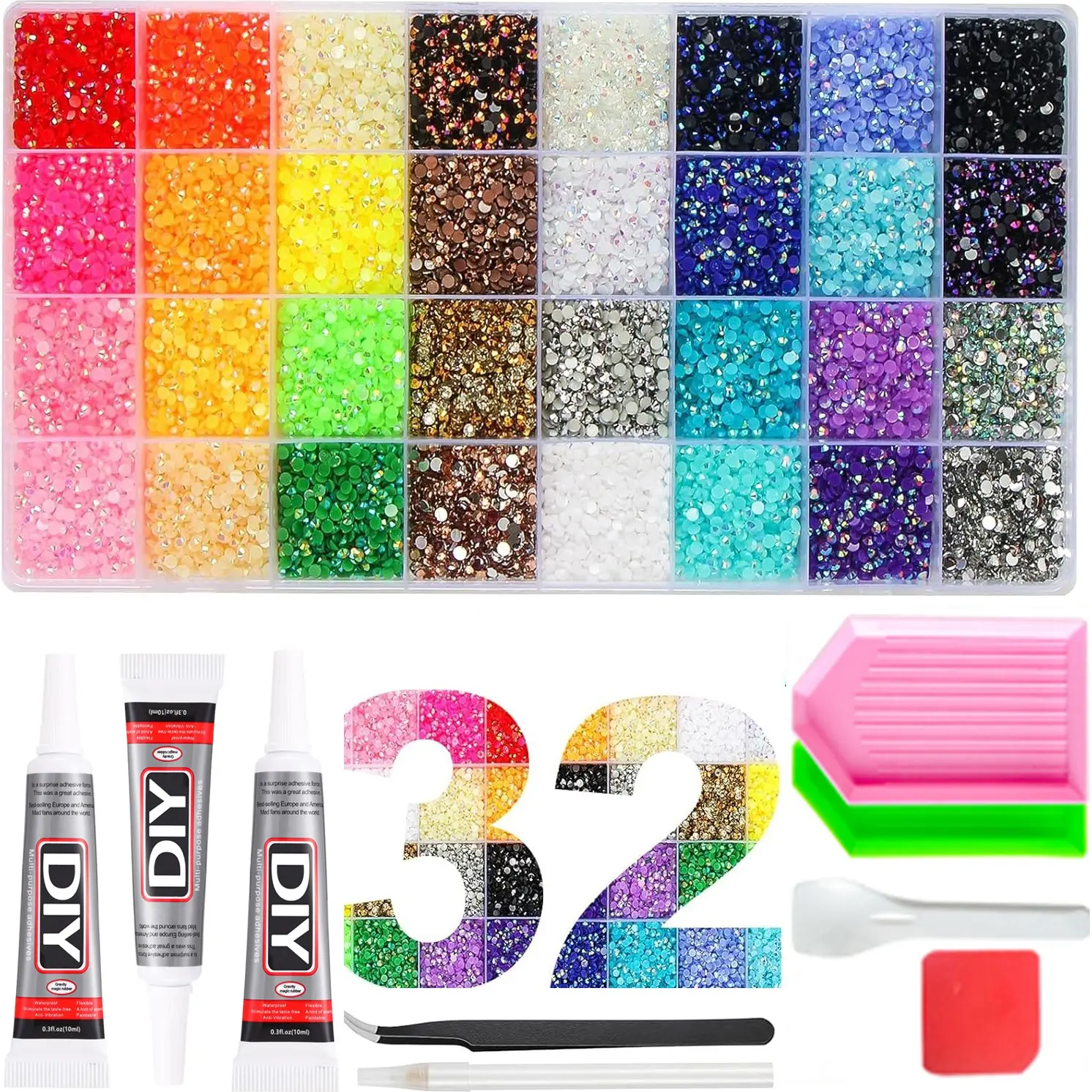 32-Piece Nail Art Rhinestone Set, Multicolor Ab Color Jelly Stones, DIY Nail Decoration Kit with Tools, Manicure Accessories, Nail Decoration Supplies, Flatback Crystals, with Adhesive Glue