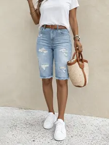Women's Summer Denim Jeans Elastic Ripped Mid-Thigh Pants, Fitted Casual Style, Perfect for Daily Wear & Comfortable Fit