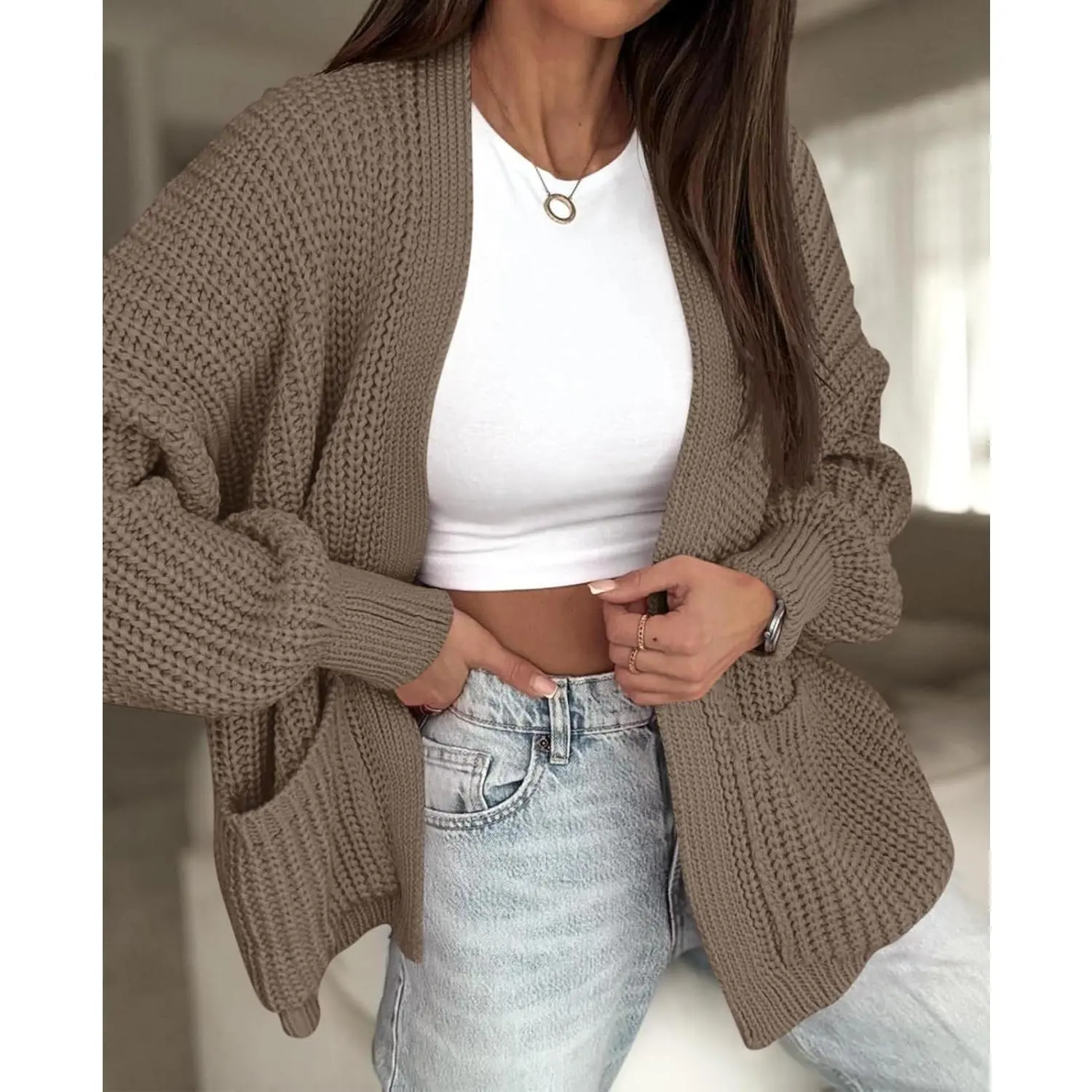 Womens Oversized Cardigan Ribbed Chunky Knit Long Lantern Sleeve Open Front Fall Sweater Coats