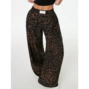 Women's Leopard Print Woven Waistband Patchwork Wide Leg Street Pants Trendy Casual Trousers for Comfortable Style