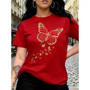 100% Pure Cotton, Comfortable and Versatile, Multi-Color Optional, Suitable for All Seasons, Butterfly Spring and Summer Print Women's Casual round Neck Short Sleeves T-shirt
