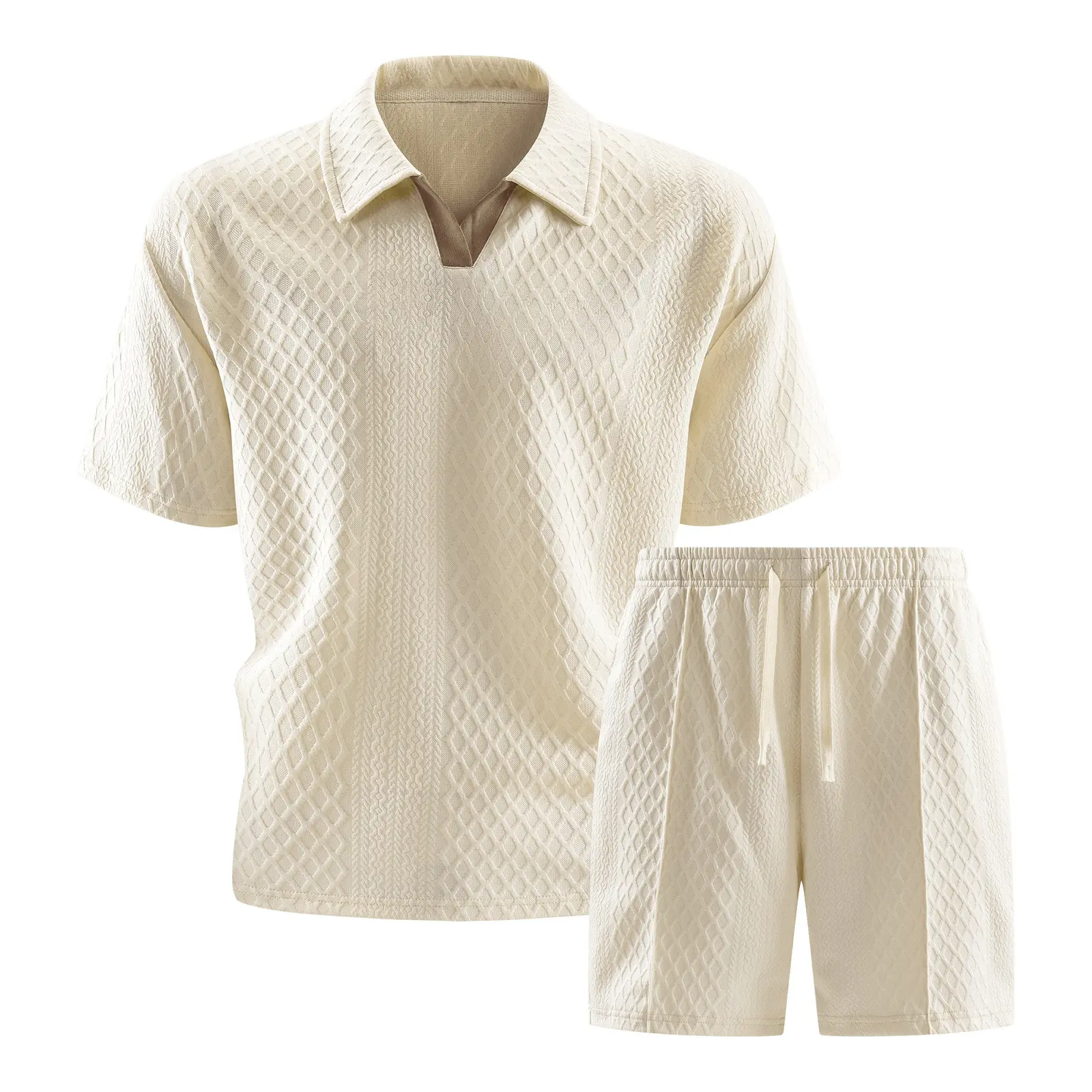 Men’s 2-Piece Casual Clothing Set – Textured Diamond-Quilted Polo Shirt, Drawstring Shorts, Breathable Summer Wear, Cream White, Ideal for Vacations & Everyday Use