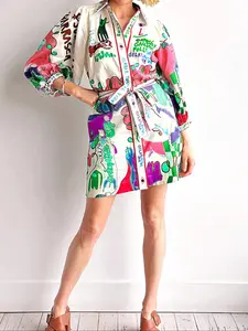 Bohemian Summer Casual Boho Elegant Printed Shirt Cardigan Tie Dress, Women's Fashionable Boho Style Womenswear, Perfect for Daily Wear & Special Occasions