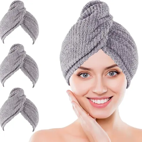 Microfiber Hair Towel Wrap - 3 Pack in Gray with Soft Hair Drying Towel, Curly Hair Turban Towel Set & Shower Cap for Women