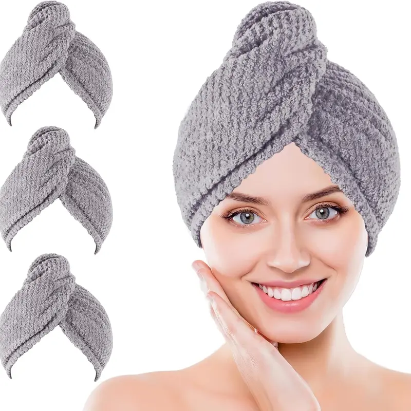 Microfiber Hair Towel Wrap - 3 Pack in Gray with Soft Hair Drying Towel, Curly Hair Turban Towel Set & Shower Cap for Women