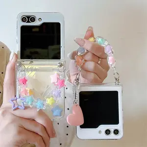 Korean Cute Star Love Heart Phone Chain Clear Case For Samsung Galaxy Z Flip 6 Flip5 Flip4 Flip3 With Hinge Protective Cover