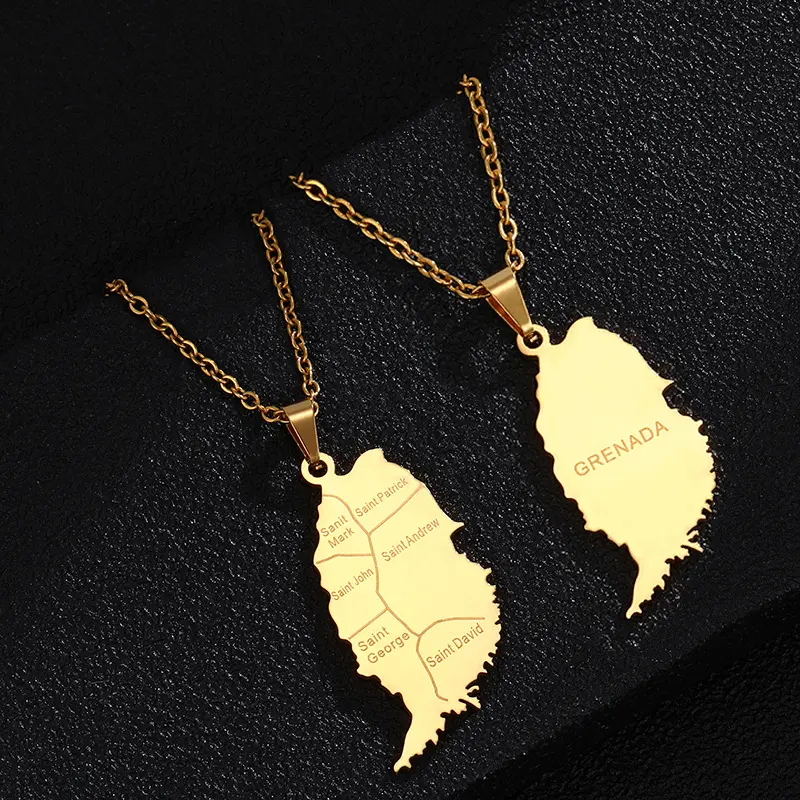 fashion stainless steel smooth golden Grenada map shape necklace men's and women's size couple necklace
