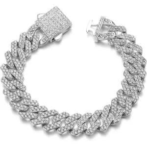 Cuban Link Bracelet for Women Diamond Miami Cuban Bracelet 12mm Pink Crystal Gold Silver Iced Out Bracelets Bling Hip Hop Jewelry for Womens Gift