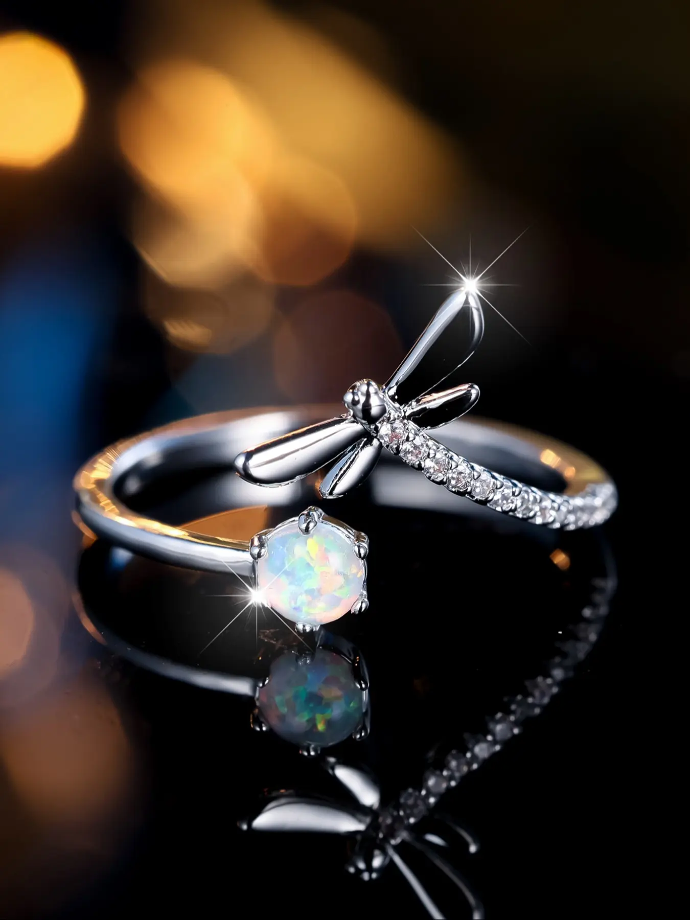 Dragonfly opening ring set with round white synthetic australopithecine Simple niche design everyday versatile bohemian style index finger ring