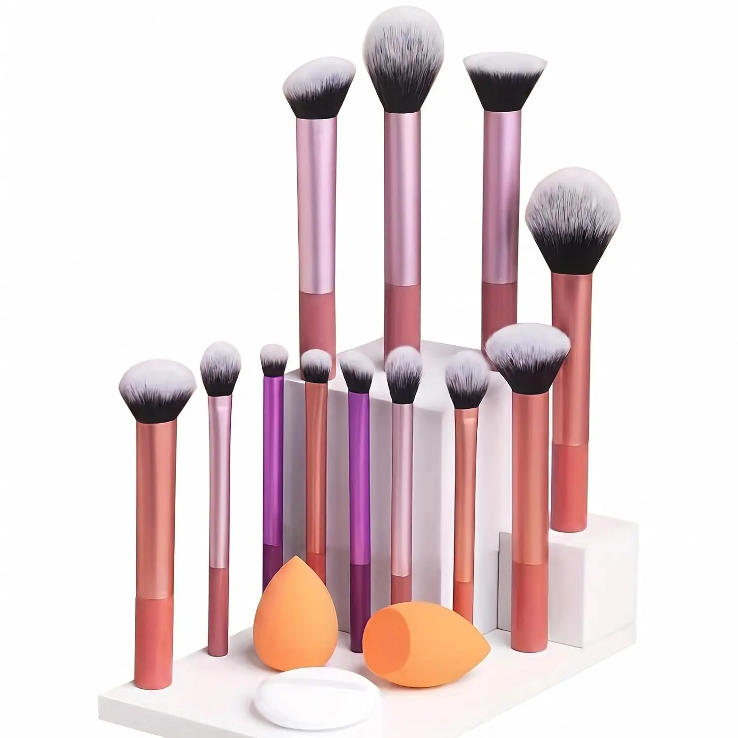 15-Piece Everyday Essentials Vegan Makeup Brush Set with Smoothing Vegan Bristles, 12 Brushes & 3 Cream Makeup Sponges for Airbrushed Finish Foundation, Blush, Bronzer, Contour, Layering Eyeshadow & Powder, Travel Gift Set, Cruelty-Free