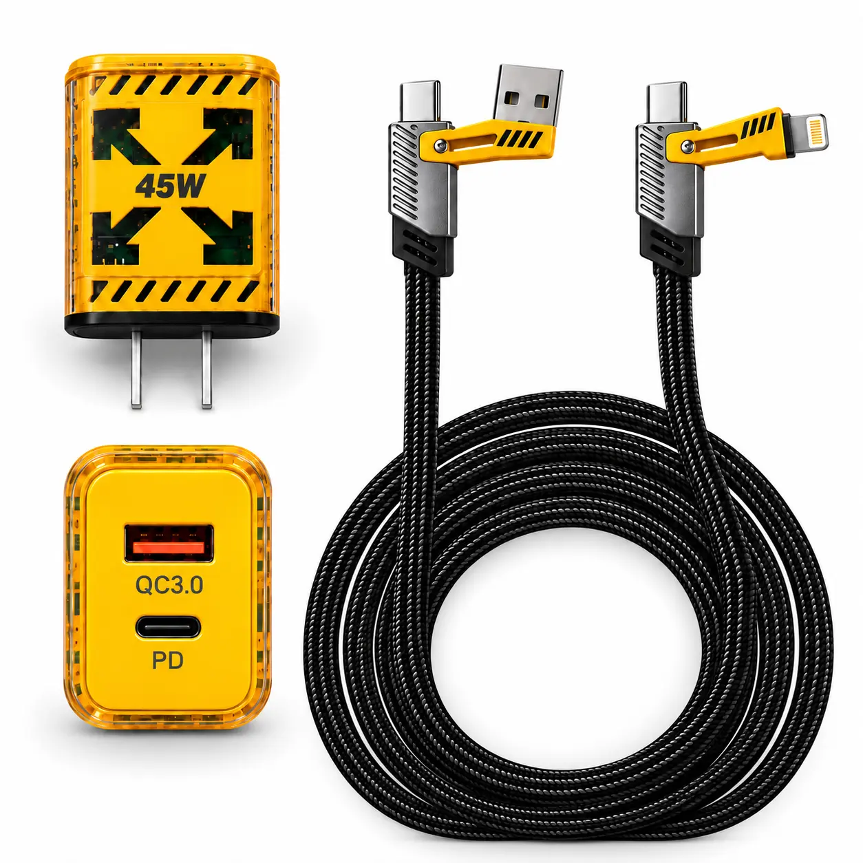 Portable Fast Charger with USB C & USB A Dual Ports, 4-in-1 Durable Flat Braided Charging & Data Sync Cable for iPhone 17/16/15/14/13/12 Pro Max, iPad, AirPods & Samsung Devices