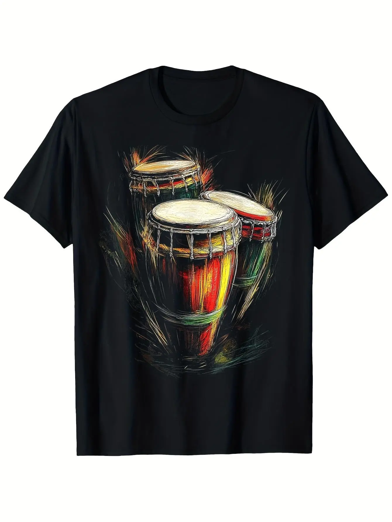 Men'S Conga Drum Afro-Cuban Music T-Shirt Heavyweight 180g, Bongo Drummers Design, RedYellowGreen Conga Drum Print, Loose Fit Crewneck, Sizes S-X, Short Sleeve, All-season Wear