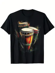 Men'S Conga Drum Afro-Cuban Music T-Shirt Heavyweight 180g, Bongo Drummers Design, RedYellowGreen Conga Drum Print, Loose Fit Crewneck, Sizes S-X, Short Sleeve, All-season Wear
