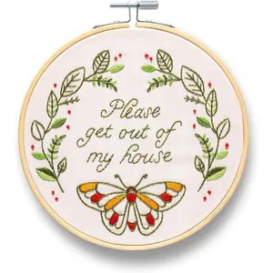 Please Get Out of My House Embroidery Kit | Funny Beginner  Work Starter Set for Adult | Needlepoint DIY Art and Craft |  Stitch Set with Hoop Floss  Threader Printed Fabric