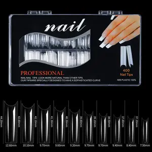 Nail Professional 400-Piece Box of Semi-Cover Nail Tips Transparent Water Pipe Design Various Lengths & Widths for Natural Long-Lasting Nails