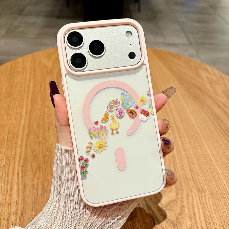 Adorable Duck Surrounded By Colorful Fruits Phone Case Featuring A Soft Tpu Back With Built-In Strong Magnet Ring, Blending Smooth Macaron Texture With Secure Magsafe Compatibility For iPhone 17 16 15 14 13 12 11 X XS