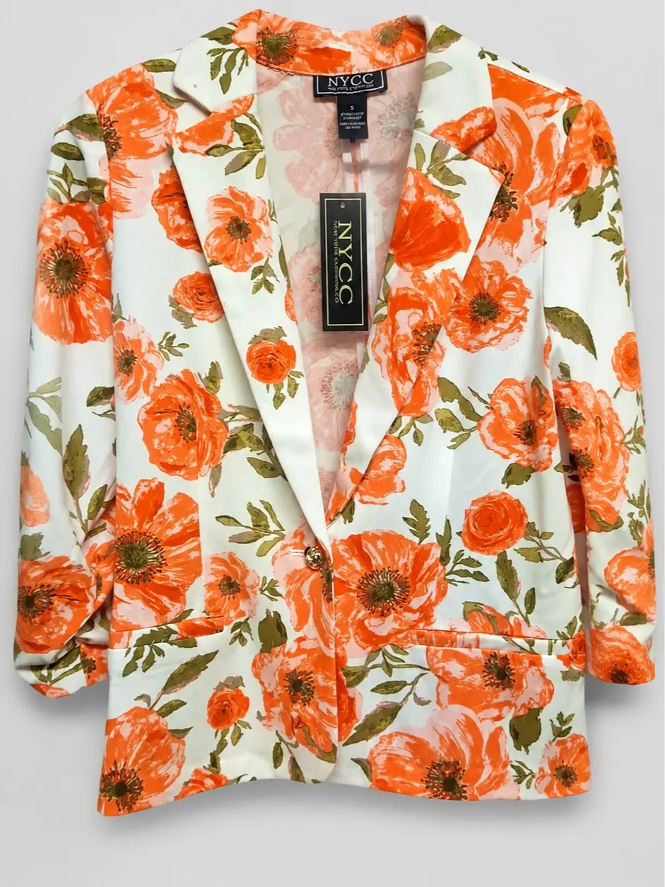 Elegant Floral Print Blazer Jacket – Orange Bloom Statement Piece | Size Small