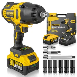 Alloyman 20V Impact Wrench Cordless, 1/2 inch Max Torque 555 Ft-lbs Battery Brushless Motor 2000 RPM, with 6 Sockets, 3 Extension Bars, 4.0 AH Li-ion Battery and 1 Hour Fast Charge