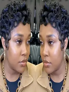 Pixie Cut Wigs for  Women Curly Pixie Cut Wig Human Hair  Short Layered Wigs With Bangs Natural Black Color
