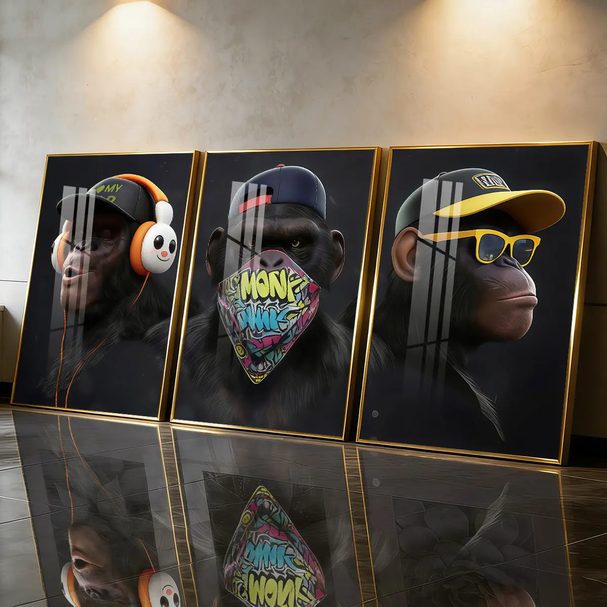 3Pcs Aluminum Alloy Framed Painting, Cool Cartoon Monkey With Headphones And Caps Picture, Home Decoration For Living Room, Bedroom, OfficeWall Decor, Odorless Print Artwork, Luxury Perfect Gift For Friends And Family