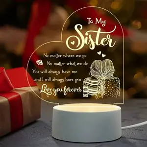 To My Sister Acrylic Night Light, Heart Shape LED Lamp with Sweet Quote, USB Powered Personalized Gift for Sister Birthday Christmas Mothers Day holiday countdown independence valentine romantic ambient car night light cabinet closet joke decor neighbor