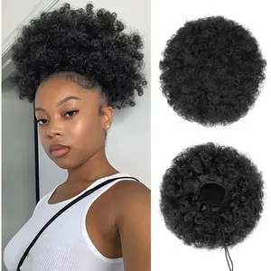 Puff Drawstring Ponytail for Black Women, Short Kinky Curly Hair Puffs - Premium Black Afro Bun for Daily Use African Hair Bun Drawstring Hair Tie for Women High Bun Caterpillar Fluffy Natural Curly Hair Afro