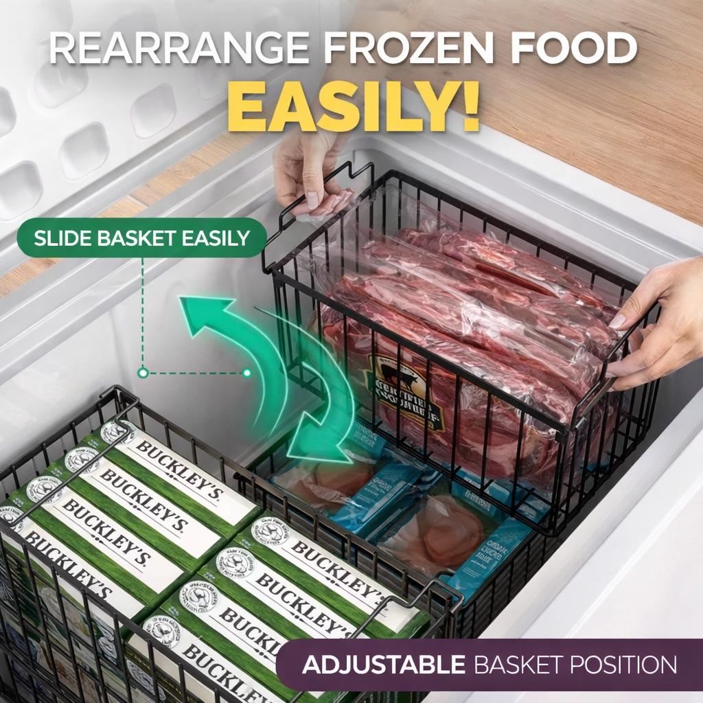 Upgraded Freezer Organizer Bins 2 4 6 8 Pack Max Capacity Stackable Baskets for 5 7 Cubic Feet Deep Freezer Foldable Storage Rack Heavy Duty Rust Proof Metal Wire Bins Airflow Design for Frozen Food Meat Kitchen Pantry Refrigerator Space Saving Organizer