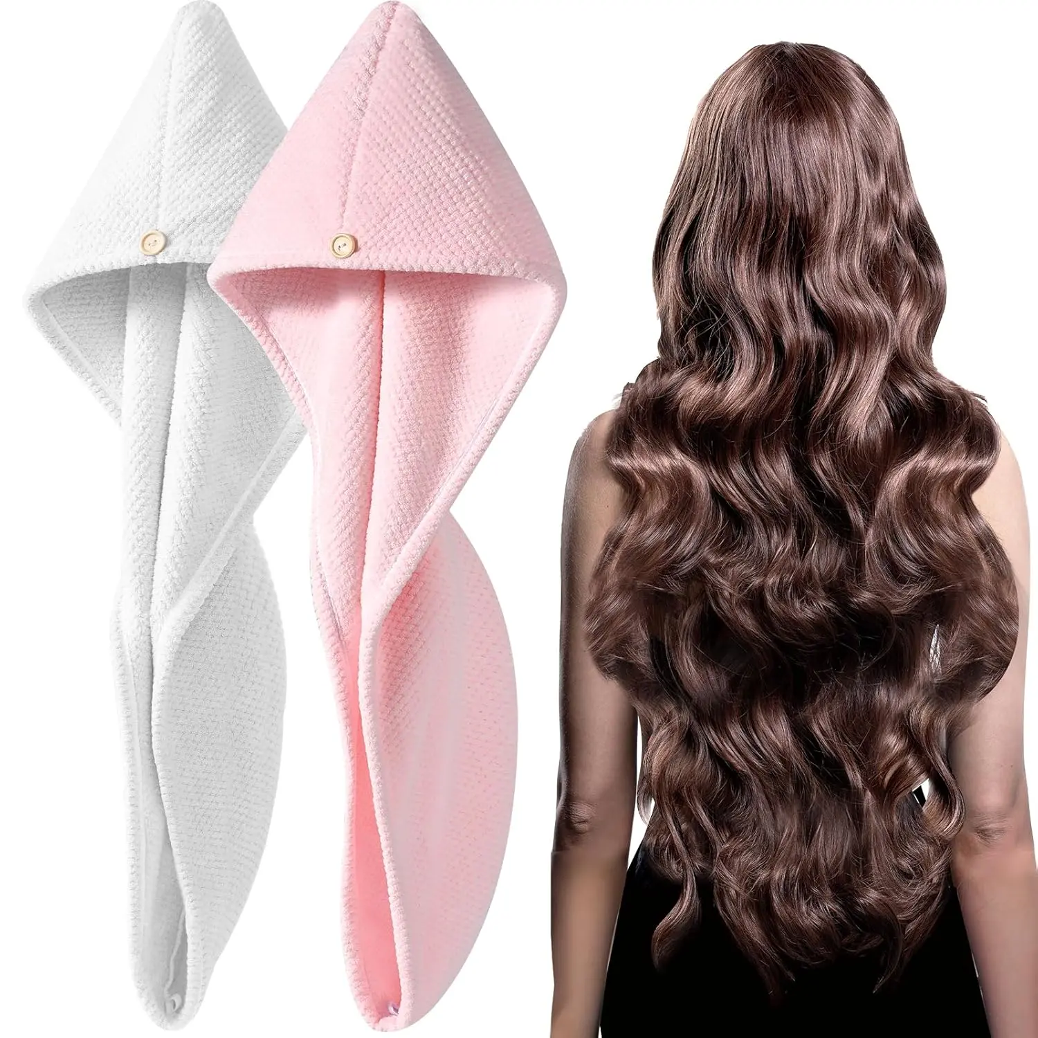 2 Pack Large Microfiber Hair Towel Wrap, Super Absorbent Quick Dry Hair Turban, Anti Frizz Drying Towel with Button