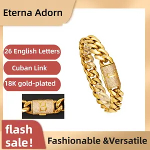 14mm Miami Cuban Link Bracelet Initial Letter A-Z 18K Real Gold Plated Stainless Steel Solid Bracelet for Mens Womens Hip Hop Jewelry 7.5in/ 8.5in