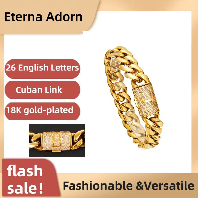 14mm Miami Cuban Link Bracelet Initial Letter A-Z 18K Real Gold Plated Stainless Steel Solid Bracelet for Mens Womens Hip Hop Jewelry 7.5in/ 8.5in