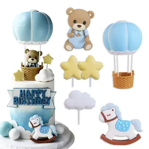 Blue Hot Air Balloon Cake Decoration Set,  Blue Pant Bear, Clouds & Stars, Horse, Perfect for Birthdays, Weddings, Anniversaries
