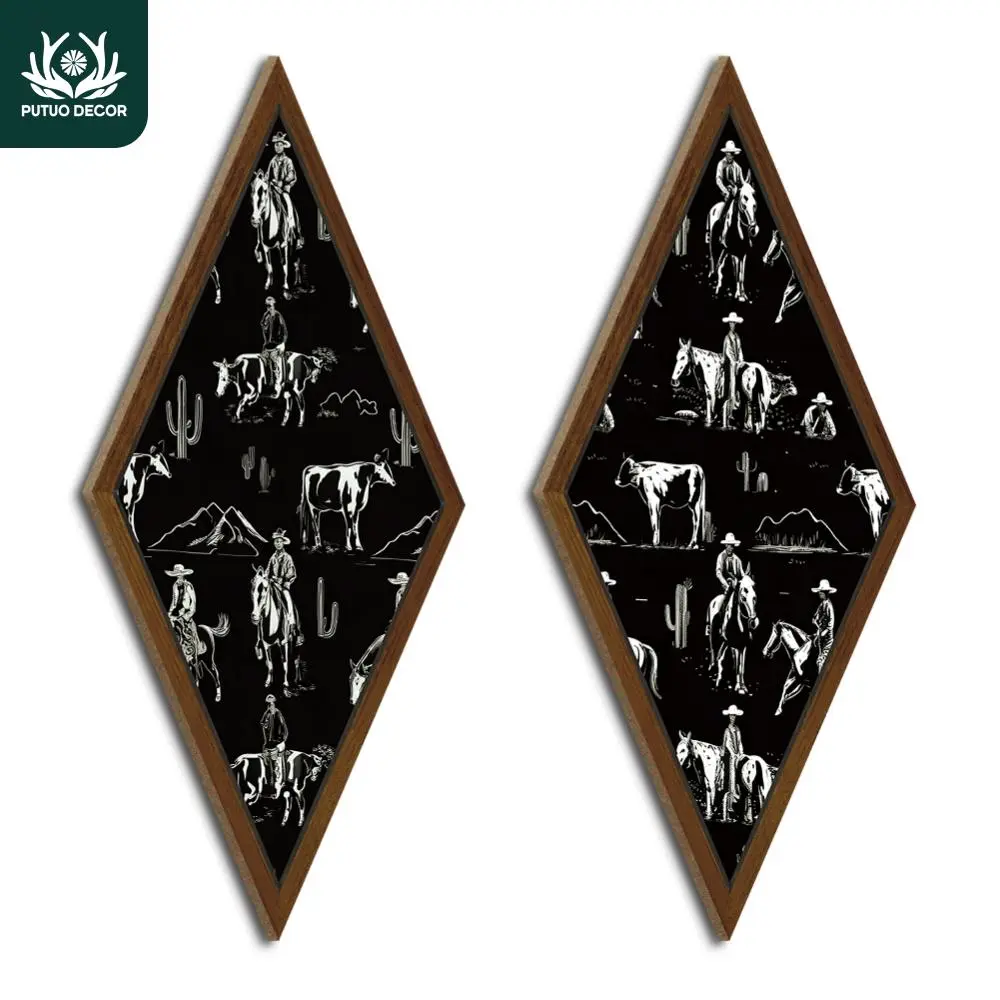 Cowboy Pattern Wooden Wall Hanging Decor, 2 Counts/set Framed Wall Art Decorative Wall Art Mountain Peaks and Cactus Element Wall Art Decoration for Home Farmhouse Office Studio Bar Pub Club Cafe Coffee Shop