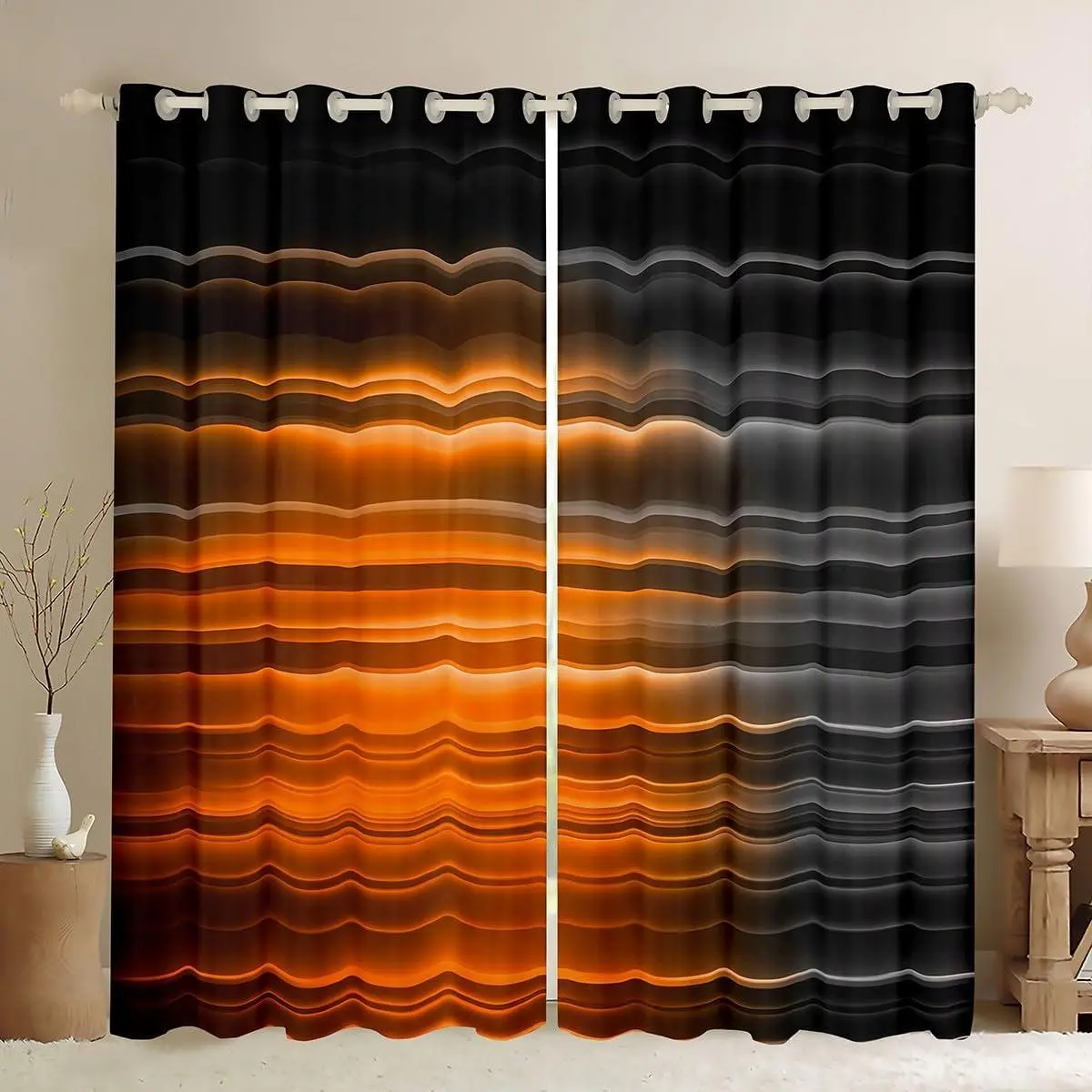 Orange Gray Striped Window Curtains Geometric Ombre Darkening Drapes Gradient Orange Lines Blackout Curtain Orange Black Striped Window Treatments,2 Panels