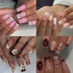 96pcs Fake Nails Set, Medium-Length Square Tips, Acrylic Material, Versatile Styles, Gold Accents, Leopard Print Nails, Floral Nail Art, Easy Application, Perfect for All Occasions