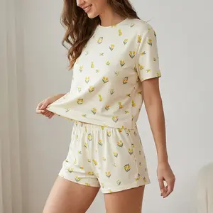 Women's 2-Piece Short-Sleeve Comfy Pajama Set - Soft Polyester Blend Summer Loungewear, Yellow Floral Ditsy Daisy Top, Elastic-Waist Shorts, Machine-Washable Sleepwear, Yellow Floral Pajama Set