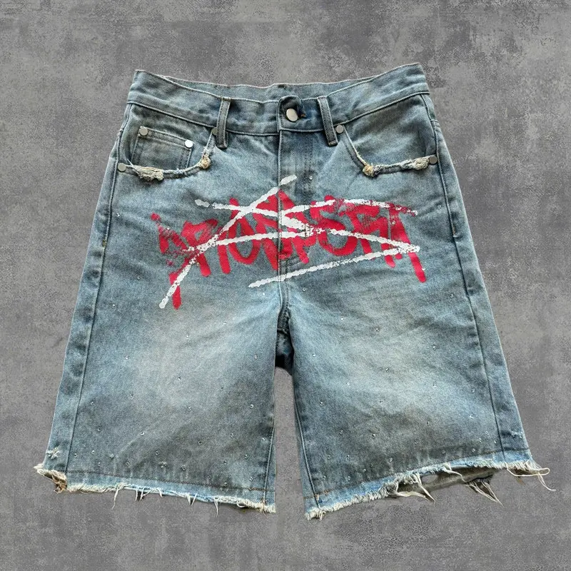 Women'S Pants Graffiti Rhinestone Studs Raw Edges Y2k Jean Shorts Womens Street Style Suitable For Skateboarding Hip-Hop, And Summer Casual Wear