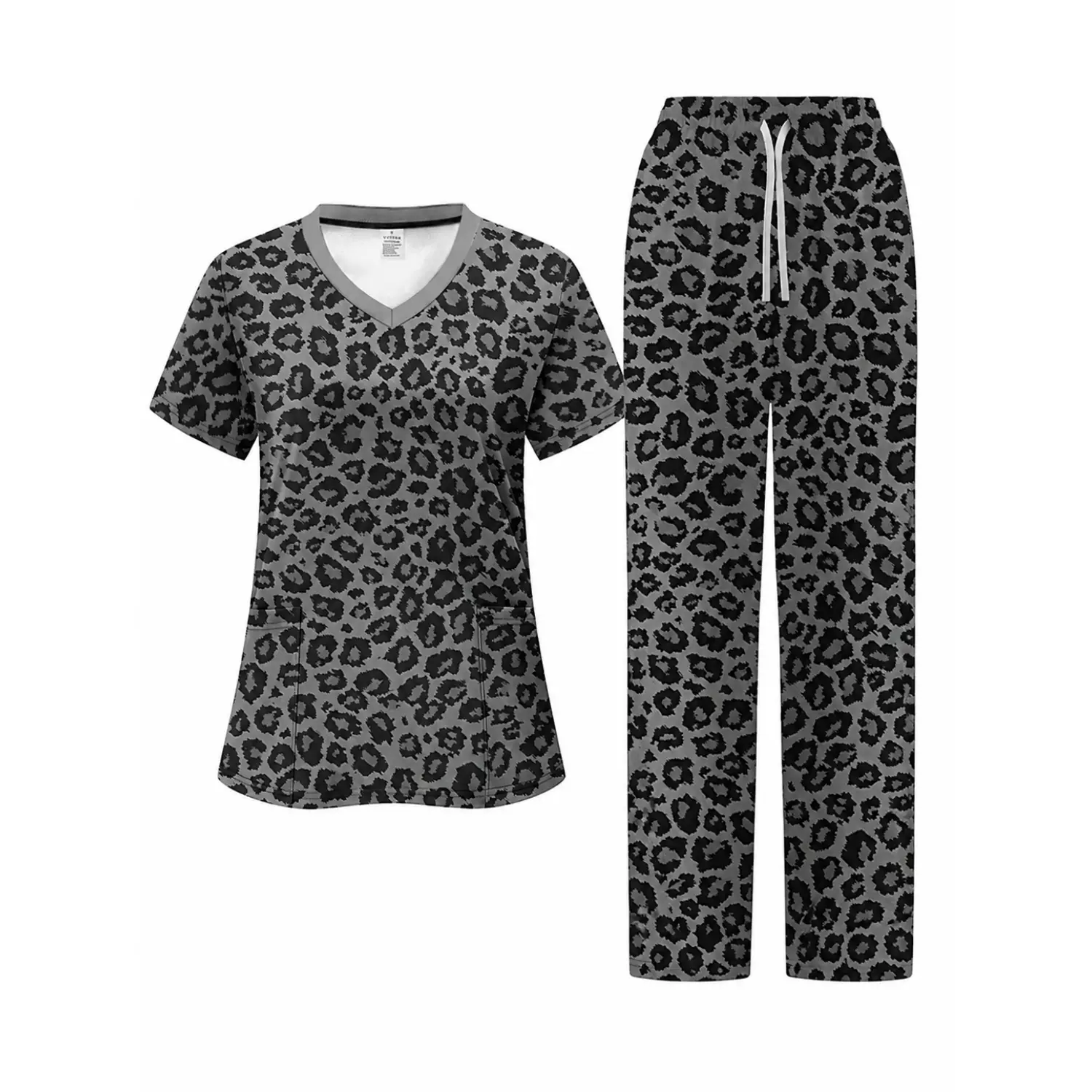 Women's Black Gray Leopard Print Nurse Scrub Set, V-Neck Top with Pockets and Drawstring Waist Pants, Professional Medical Work Uniform for Healthcare Workers Fit Fabric