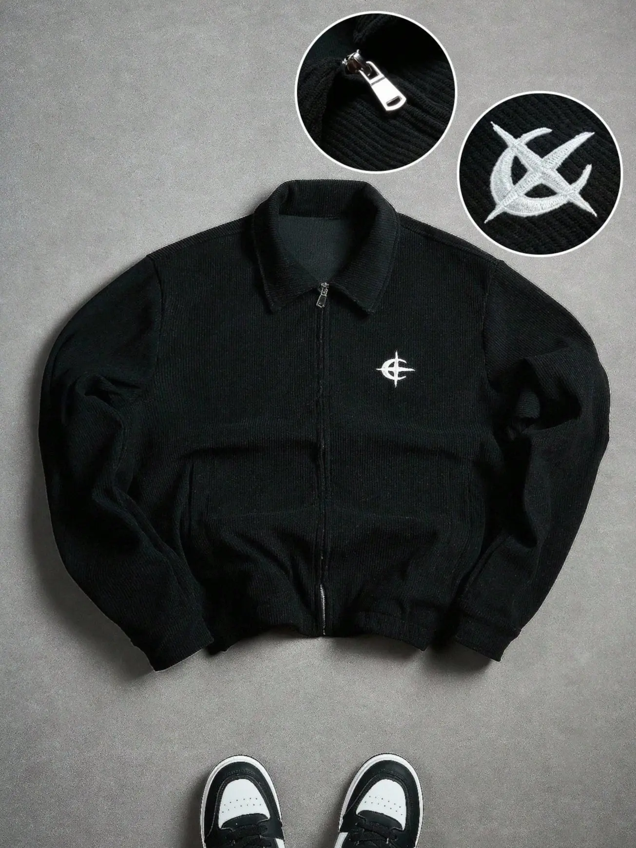 Men's Fitted Minimalist Edge Casual Lightweight Zip-Up Jacket - All-Season Outerwear with Subtle Embroidered Logo, Dark Aesthetic Menswear Coat Top, No
