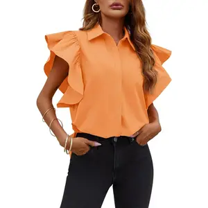 Imily Bela Womens Ruffle Button Down Shirts Cute Summer Short Sleeve Tops Blouse