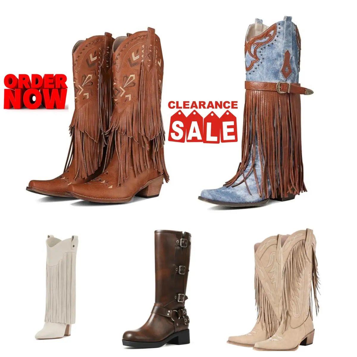 Women's Western Cowboy Boots Clearance Sale- Multi-Style Fringe & Studded Knee High Boots