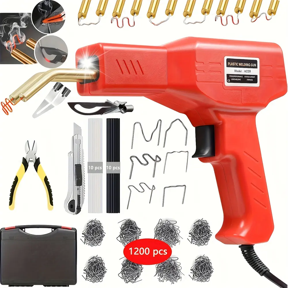 220W plastic welding machine 2-in-1 kit, equipped with 1200 hot nails and 100 plastic rods, suitable for repairing car bumpers, dashboard, motorcycle, kayak, toy box, and plastic welding gun kit