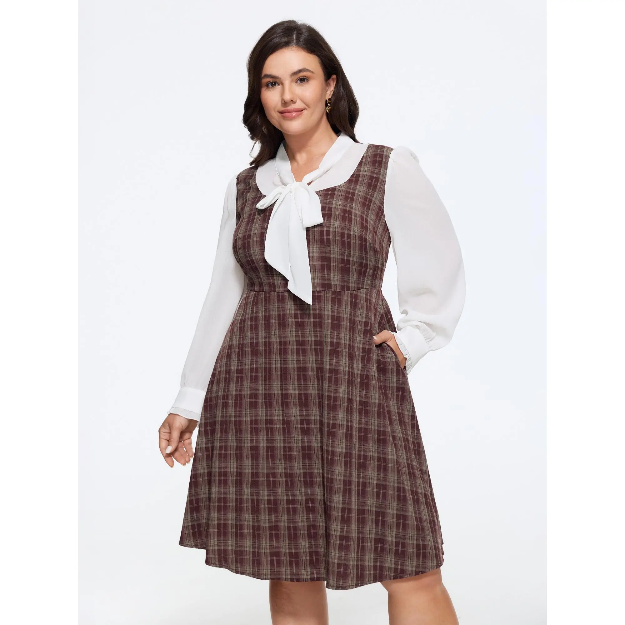 BLOOMCHIC Plus Size Vintage Plaid Bow Tie Neck Patchwork Mini Dress[M-6X] Back To School,Fall Pick