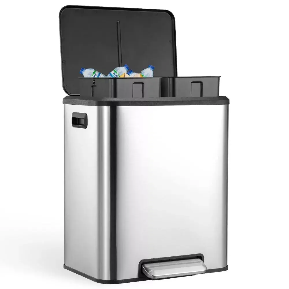 Acekool 8 Gallon Dual Compartment Trash Can Stainless Steel Recycling Bin with Soft-Close Lid Removable Inner Buckets Hands-Free Pedal