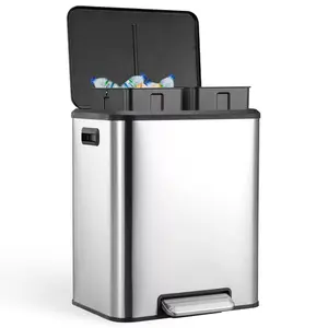 Acekool 8 Gallon Dual Compartment Trash Can, Stainless Steel Recycling Bin with Soft-Close Lid, Removable Inner Buckets, Hands-Free Pedal