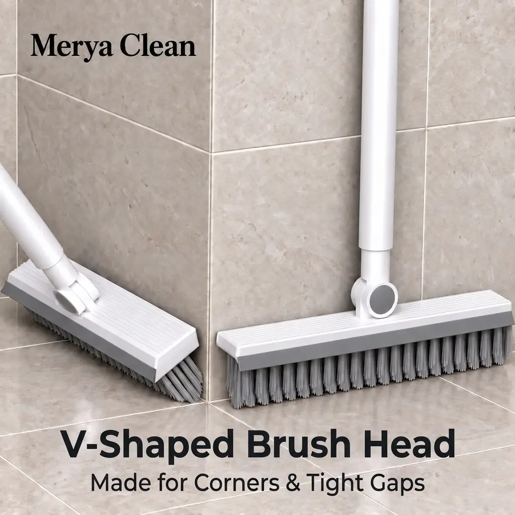 V-Shaped Bathroom Scrub Brush with Squeegee, Long Handle Floor Scrubber for Shower Tile, Grout Lines and Kitchen Floors, Multipurpose Corner Cleaning Brush for Narrow Gaps, Wall Edges and Everyday Household Cleaning, Scrubbing and Water Removal