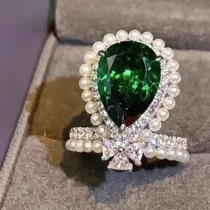 Adjustable opening ring Pearl emerald colored treasure ring high-end pearl zircon ring