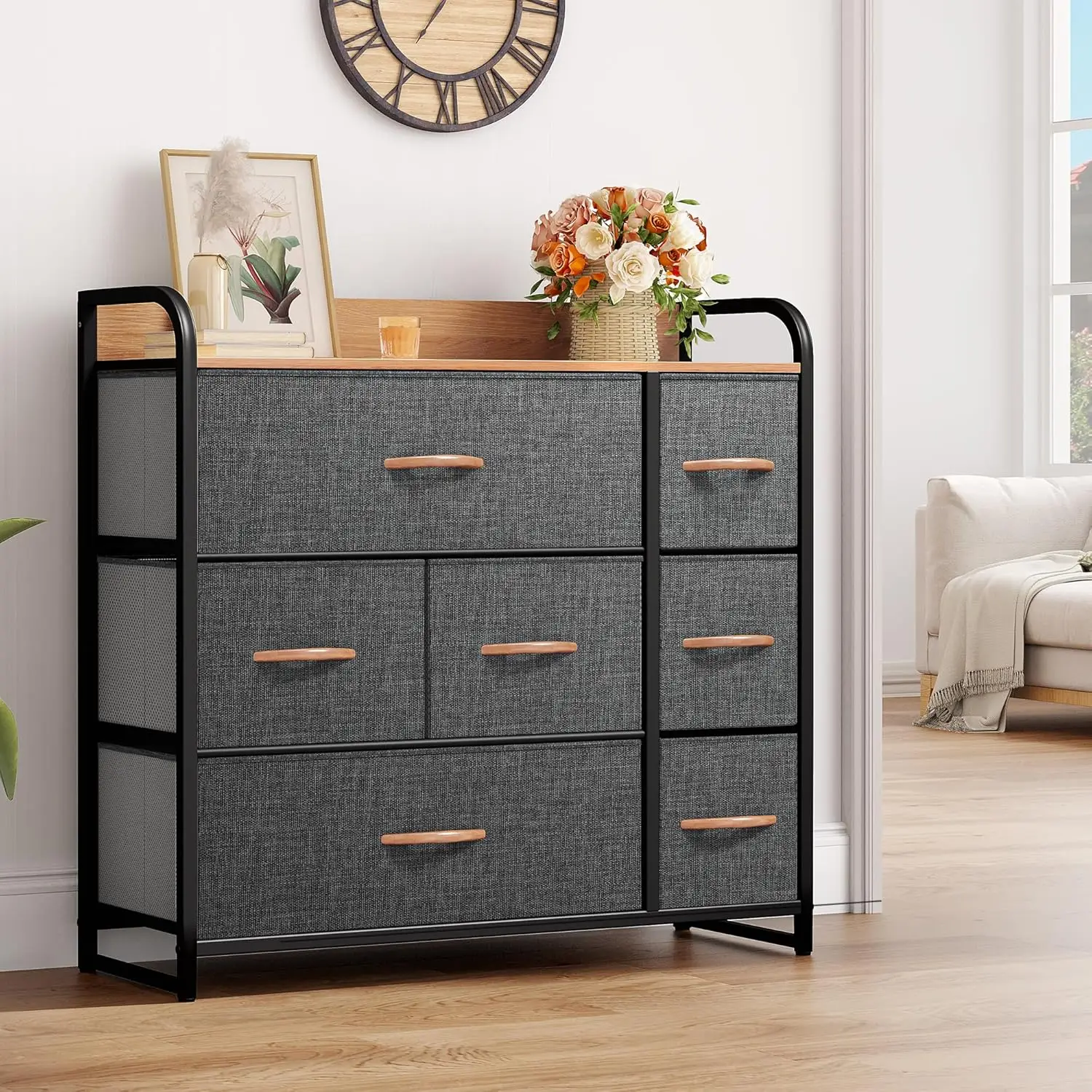 Yitahome Dresser with 7 Drawers Storage Tower, Organizer Unit for Bedroom, Hallway, Closets&Sturdy Steel Frame, Wooden Top&Easy Pull Fabric Bins, Grey