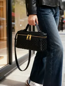 Handmade Woven Bag for Women, Fashion Handbag, Cosmetic Bag, Artificial Leather, Large Capacity, Smooth Zipper, Crossbody Design