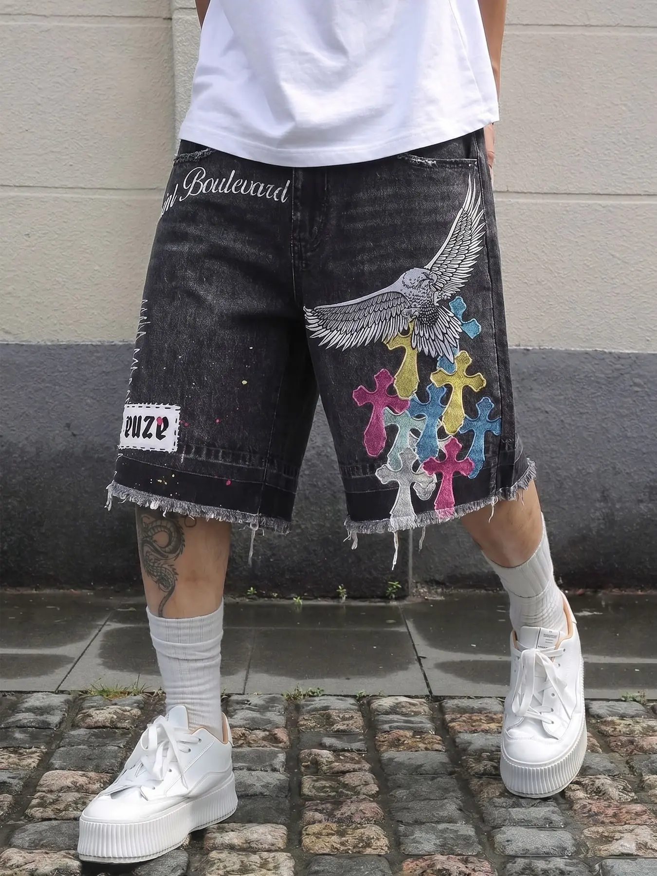 Men's Saint Boulevard Embroidered Denim Bermuda Shorts, Graphic Shorts, Trendy Shorts, Loose-Fit Street Style, Above Knee, Zipper Fly, Casual Wear, Hip-Hop Fashion, Streetwear, Denim Jean Shorts