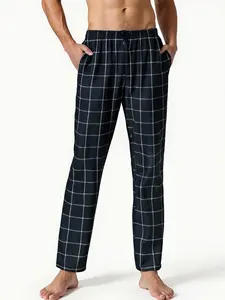 Men's Classic Plaid Print Sleep Pants, Polyester Knit Fabric, Drawstring Elastic Waist, Pockets, Comfortable Skin-Friendly Home Wear